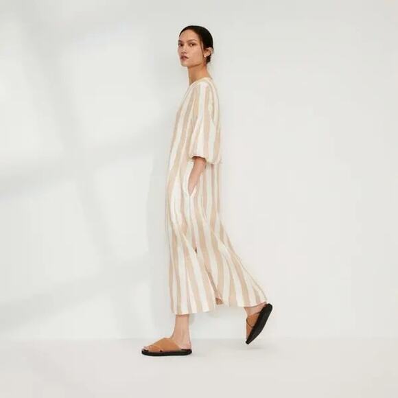 Everlane Linen A-Line Midi Dress Bone White/Caramel Stripe Size 8 Boxy Lagenlook - Picture 1 of 15